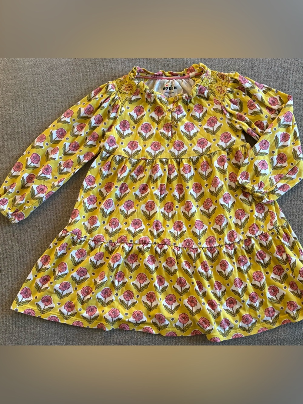 Mini Boden Yellow Floral Tiered Dress with Pink Flowers